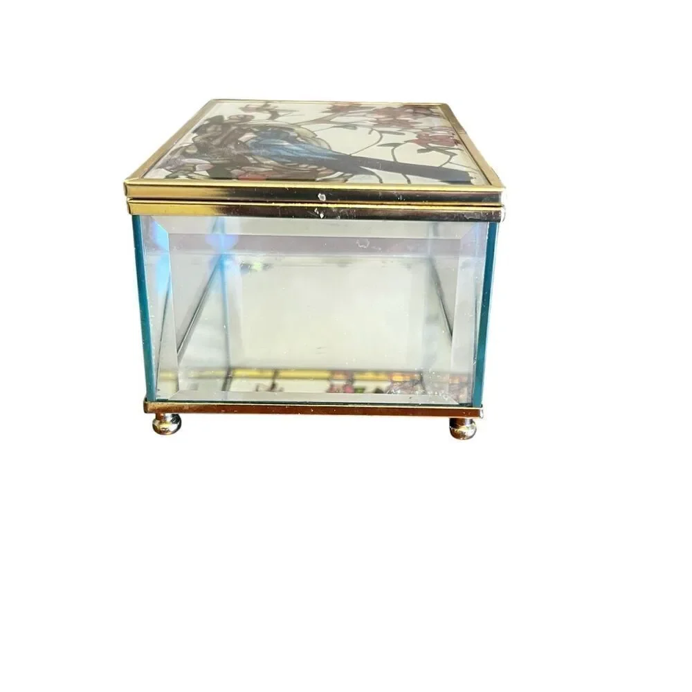 Joan Baker Designs vintage Stain Glass blue jay Hand Painted Trinket Box jewelry
